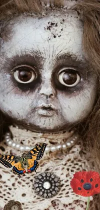 A gothic-inspired phone wallpaper featuring a decaying doll with a butterfly perched on its limb