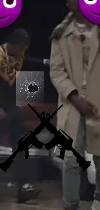 This live wallpaper features a brooding figure in a trench coat, holding a firearm against a backdrop of bullet holes and spiderwebs