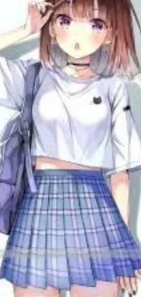 This phone live wallpaper features an adorable anime drawing of a girl wearing a plaid skirt and a croptop