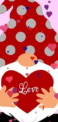 This lively phone live wallpaper features a playful gnome holding a bright red heart in a pop art style