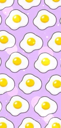 This purple phone live wallpaper features a charming and playful pattern of golden fried eggs against a vibrant background