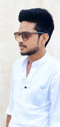This stylish phone live wallpaper showcases a professional-looking young man wearing a white shirt, sunglasses, and a brown leather jacket