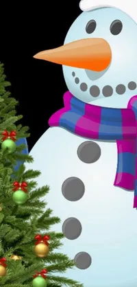 This winter-themed mobile wallpaper depicts a digital rendering of a charming snowman standing proudly next to a beautifully decorated Christmas tree