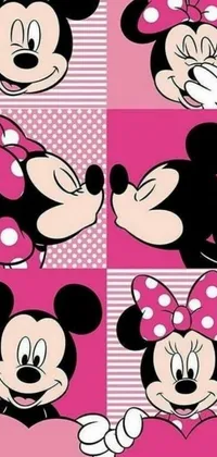 This lively phone live wallpaper displays an array of pop art-style Minnie Mouse images holding a heart against a rosy pink backdrop