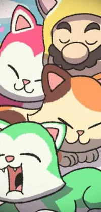 This phone live wallpaper displays a group of cats in a pastel, pixiv, mingei, 8bit game style