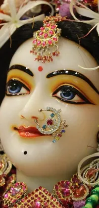 This live wallpaper features a close-up view of a beautifully painted marble sculpture of a woman wearing a samikshavad jeweled ornament over her forehead