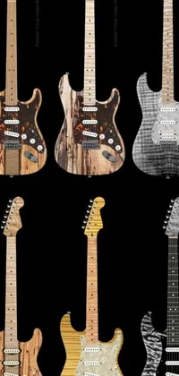This live phone wallpaper features a group of electric guitars digitally rendered in detail, with wood texture overlays, gnarled strings and frets