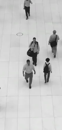 This live wallpaper features a group of individuals walking across a white-tiled floor
