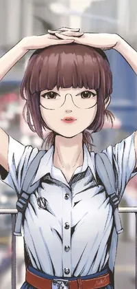 This phone live wallpaper features a short-haired woman with glasses standing on a balcony on a city street, with her hands on her head and wearing a stylish outfit like a trench coat or blazer