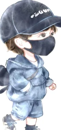 This whimsical phone live wallpaper portrays a young boy wearing a cute baseball cap and a protective mask