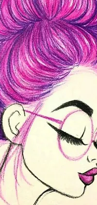 This phone live wallpaper showcases a stunning drawing of a woman with vibrant pink hair and stylish glasses
