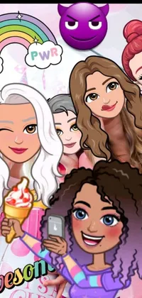 Looking for a lively live wallpaper for your phone? Check out this fun and playful scene featuring a group of girls taking a selfie at a birthday party! With a colorful and festive background full of balloons, confetti, and cake, this cartoon-style wallpaper is sure to brighten up your screen