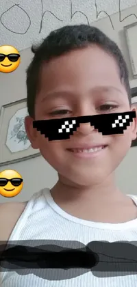 This phone live wallpaper showcases a happy child wearing sunglasses in a close-up shot, captured in the vibrant tachisme style with bold brush strokes and colors