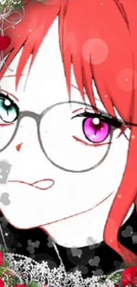 This phone live wallpaper features a stunning portrait of a red-haired girl wearing glasses and a purple tie