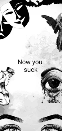 This black and white phone live wallpaper features a bold poster with the words "now you suck" and a comic book panel inspired by Soviet art
