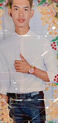 This live wallpaper showcases a sophisticated male figure wearing a white shirt, black pants, watch and gold chain