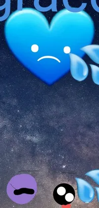 This phone live wallpaper features a blue heart with a sad face, set against a dark backdrop