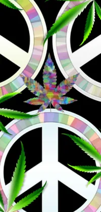 This phone live wallpaper features a digital rendering of a colorful and vibrant peace sign made of marijuana leaves