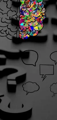 This phone live wallpaper depicts a digital rendering of a graffiti-style brain surrounded by question marks and speech bubbles