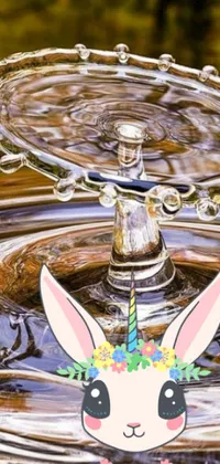 This phone live wallpaper depicts a stunning close-up of a mesmerizing water fountain featuring a charming bunny perched atop it