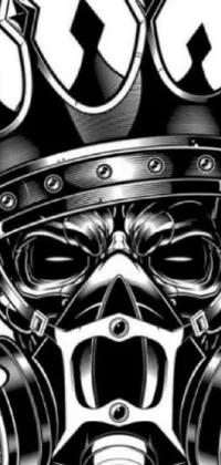 This live wallpaper features a vector art-style graphic of a skull wearing a crown and gas mask, surrounded by smoke