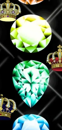This chic phone live wallpaper boasts a black background adorned with diamonds, crowns, and royal insignia