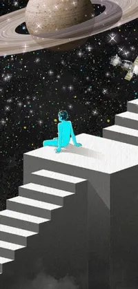 This live wallpaper showcases a stunning digital art piece of a man on stairs and intricate machine in space