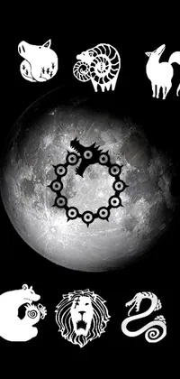 This phone live wallpaper features a stunning black and white photograph of the full moon accented with detailed zodiac signs