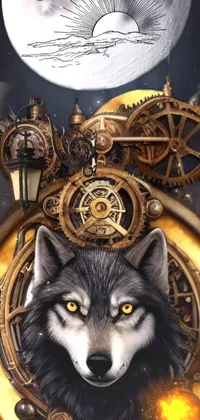 Enjoy an intricately designed steam punk style live wallpaper with a close-up of a clock featuring a wolf