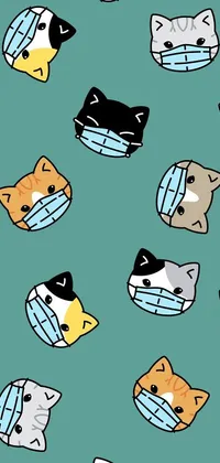 Vector art wallpaper featuring a bunch of cats wearing green facemasks