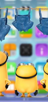 Looking for a unique mobile wallpaper to jazz up your device's home screen? Look no further than this live wallpaper featuring a fun group of minions hanging from a clothesline! With bright colors, baggy jeans and playful poses, these mischievous minions will add some much-needed energy and whimsy to your day