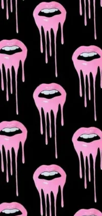 Spruce up your phone screen with this funky phone live wallpaper featuring a pattern of pink lips dripping against a black background, inspired by Tumblr aesthetics