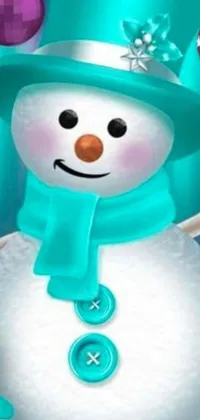 This phone live wallpaper showcases a digital rendering of a snowman wearing winter accessories