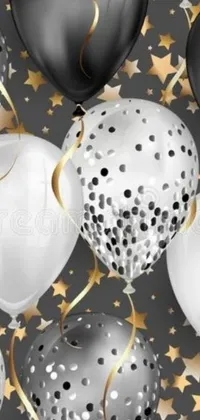 This live phone wallpaper features black and white balloons adorned with shimmering gold stars and confetti
