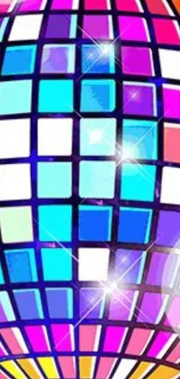 The disco ball live wallpaper showcases a radiant glitter ball against a purple background made up of geometric squares