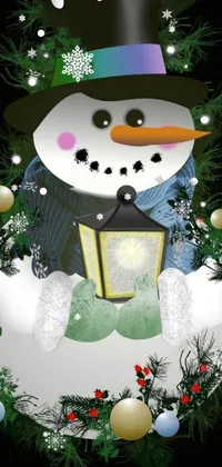 This lively phone wallpaper showcases a festive snowman adorned with a top hat and holding a charming lantern