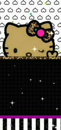 This live phone wallpaper features a cute and iconic Hello Kitty character on a black background surrounded by pop art and a picture frame in black and brown colors