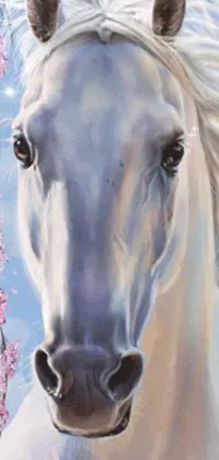This charming phone live wallpaper depicts a breathtaking painting of a majestic white horse standing before a tall tree and amidst a beautiful cherry blossom