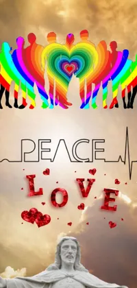 This stunning phone live wallpaper features a statue of Jesus in front of a rainbow heart, surrounded by vibrant and psychedelic colors, including Islamic symbols and a peace sign
