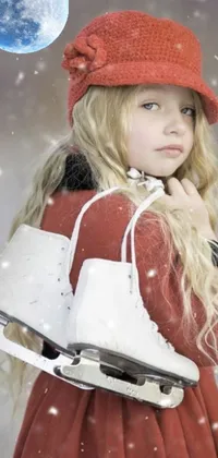 This phone live wallpaper features a charming winter scene with a young girl holding ice skates in white gloves