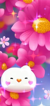 Get this sweet and colorful phone wallpaper featuring a bunch of pink flowers, a cute Japanese mascot and subtle animation
