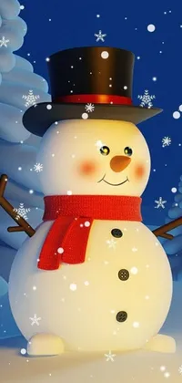 This phone live wallpaper features an adorable snowman standing in the snow, with a warm smile on its face