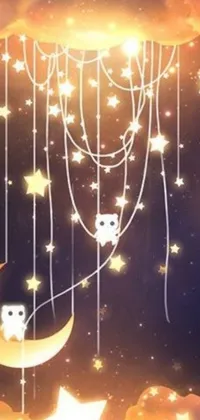 Looking for a delightful mobile live wallpaper? Feast your eyes on this cute cat and moon themed phone background by Aya Goda