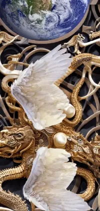 Looking for a unique and captivating live wallpaper for your phone? Look no further than this world clock design! The artwork is ultrafine detailed, hyperrealist, and feature an intricate golden tentacle design with ornamental bone carvings and wings