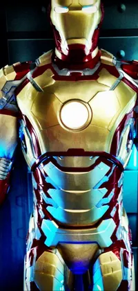 This phone live wallpaper features a stunning close-up of an Iron Man suit on display
