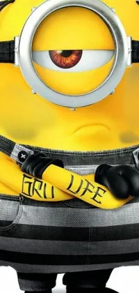 This phone live wallpaper features a close-up shot of a playful minion costume, set against a graffiti backdrop