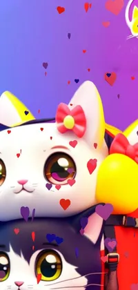 This 3D animated phone live wallpaper features two adorable cats sitting on top of a colorful luggage piece, complete with a charming bowknot