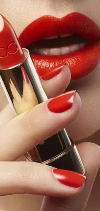 This live wallpaper showcases a close-up of a feminine hand holding a luxurious red lipstick