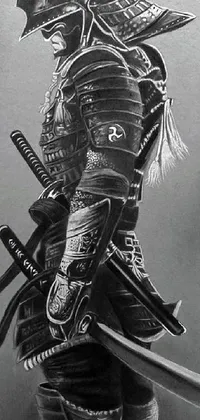 This phone live wallpaper features a stunning black and white drawing of a samurai in traditional black armour