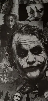Get this creepy and haunting black and white phone live wallpaper featuring the Joker! The etched style offers a vintage touch, while its collage design brings an eclectic vibe to your phone screen